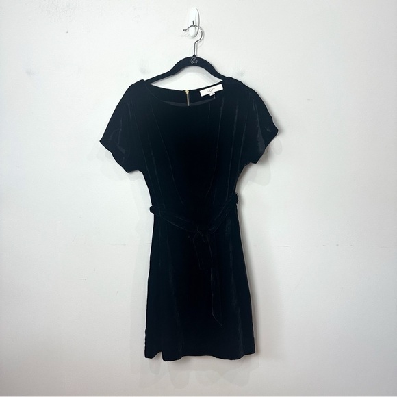 Loft Belted Velvet Short Sleeve Dress Black Gold Zipper - Picture 3 of 6